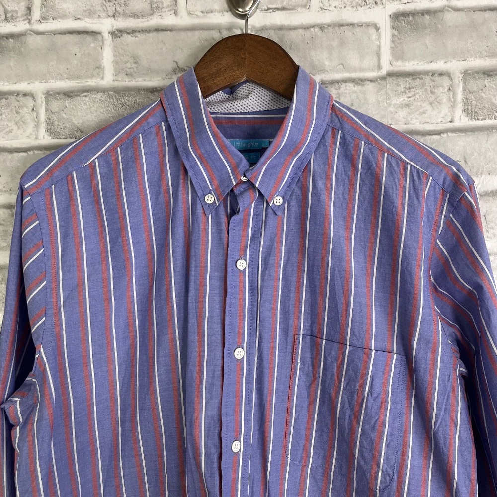 J McLaughlin Washed Out Blue Vertical Striped Button Down Dress Shirt Mens Large
